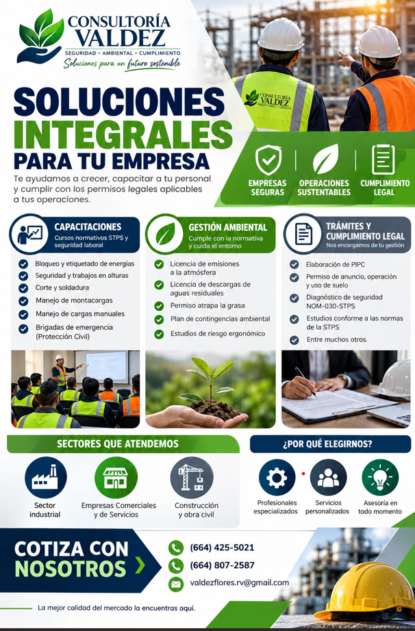 Volante de Consultoría Valdez: soluciones integrales para tu empresa, con capacitaciones, gestión ambiental y trámites y cumplimiento legal